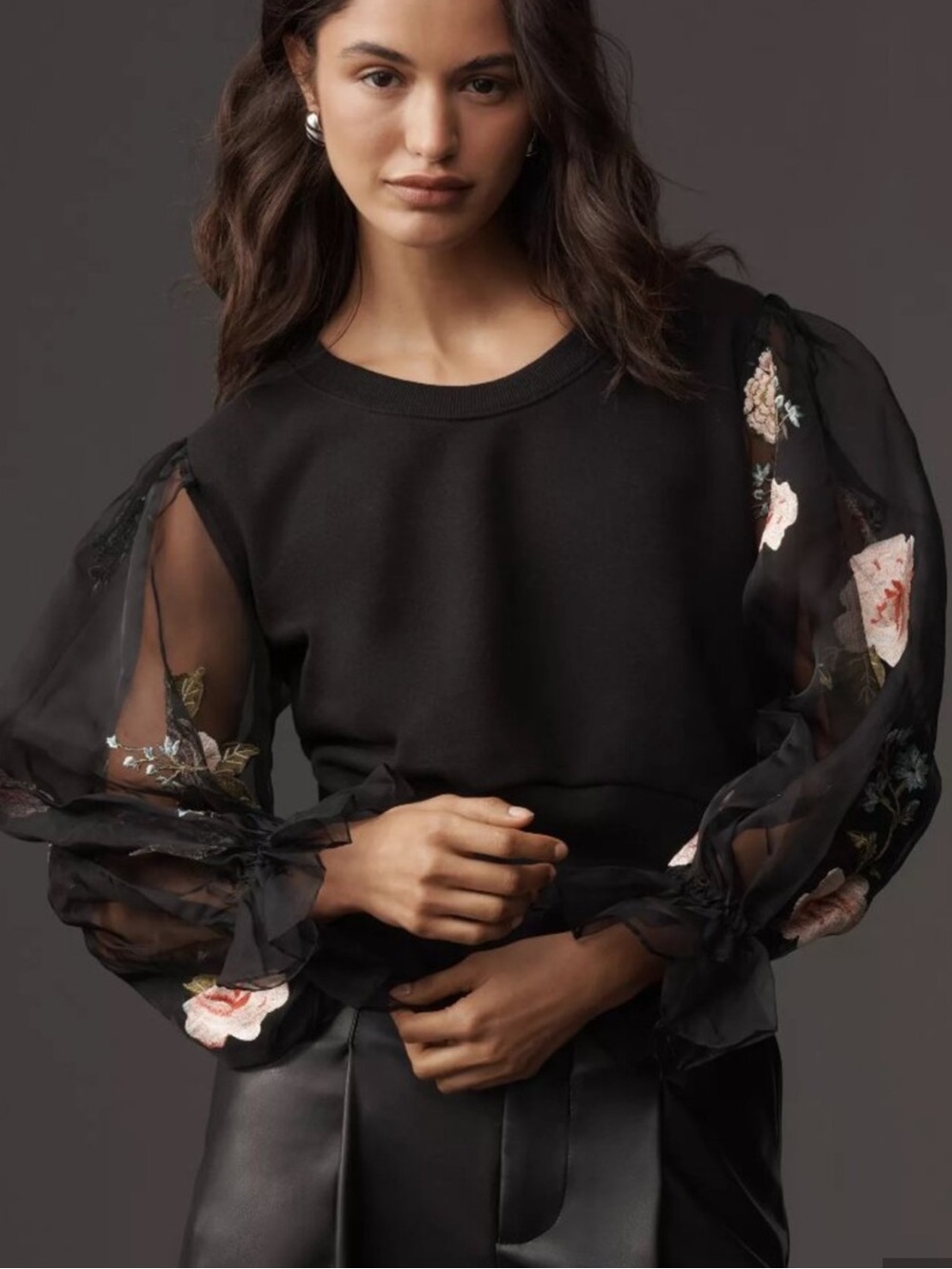 Anthropologie Embroidered Floral Sheer Balloon Sleeves Top